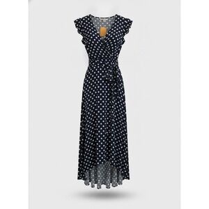 Grecerelle Navy Polka Dot Wrap Dress Ruffle Cap Sleeve High Low Hem XL